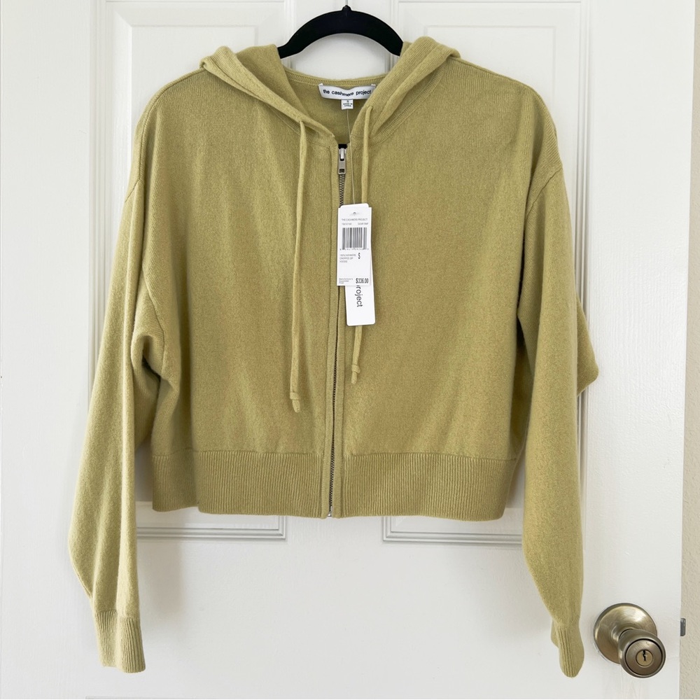 NWT The Cashmere Project 100% Cashmere Cropped Zip Hoodie Sugar Snap Green S